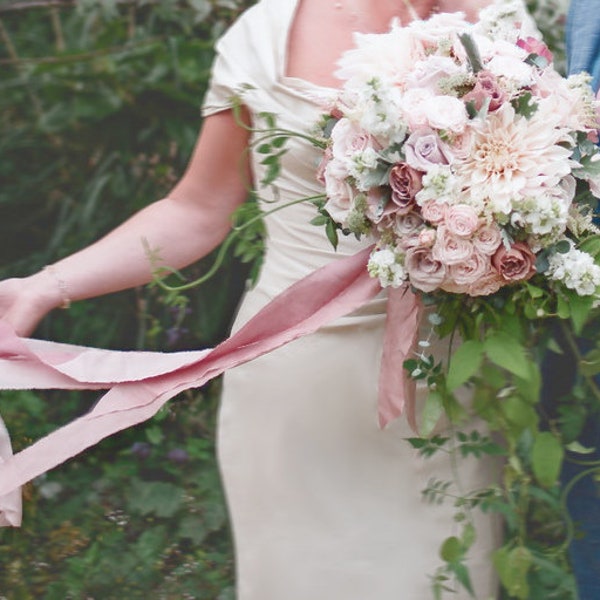 Silk ribbon in dusty pink tones hand dyed with plants, hand torn raw fringe edge, wedding bouquet or gift wrap styling, habotai 1.5 or 3y