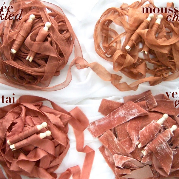 Ruban de soie lisse ou velours teint à la main en teinture végétale, couleur bois de rose cannelle terracotta, déco bohème chic mariage