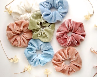 Plant dyed velvet scrunchie made of silk and viscose, a large pastel hair accessory in pink blue blush green or white, made in France