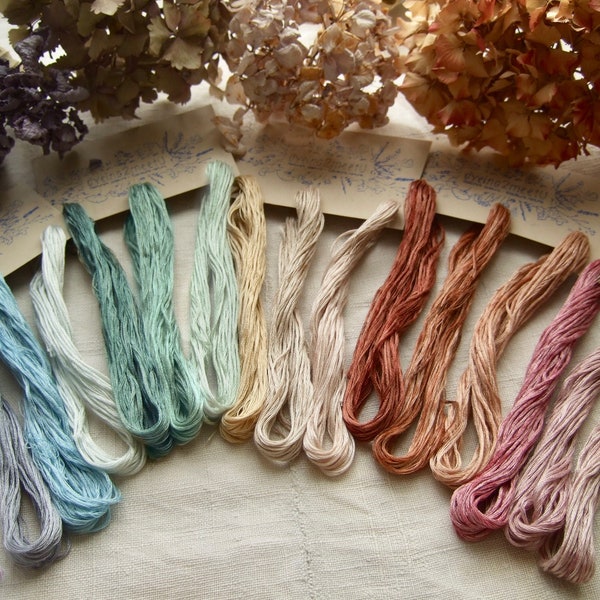 Plant dyed embroidery floss, 3 skeins of 8.7 yd (8 m - 26 ft), 6 strand thread, graded tones, 100% cotton from France, rose, yellow, green