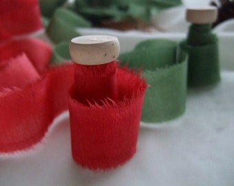 Silk ribbon in vegetable dye red or green with raw edge, 100% silk, 1" x 1.5y - limited edition