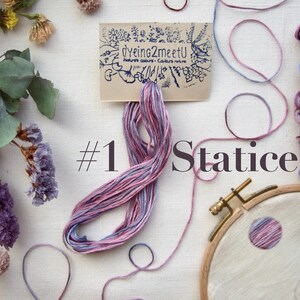 Un cercle à broder avec le texte "#1 Statice" et une échevette de fil rose, parme et bleu. Plusieurs échevettes de fil à broder sont disposés sur du lin blanc, ainsi qu'une petite carte "Dyeing2meetU" et des fleurs séchées