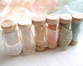 Crinkle silk chiffon ribbon naturally dyed with raw edge in white / ivory / champagne / pink / blue / green, 2" (5cm) width x 3.3y (3m)