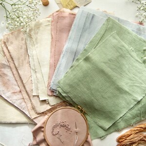 Antique French fabric hand dyed with plants, in green, blue, pale yellow, pale pink subtle tones. 20x20 cm / 8x8 in linen / hemp / cotton piece for embroidery, slow stitching, craft project DIY textile