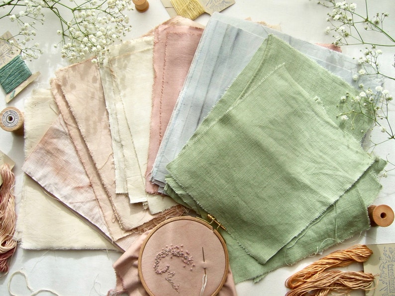 Antique French fabric hand dyed with plants, in green, blue, pale yellow, pale pink subtle tones. 20x20 cm / 8x8 in linen / hemp / cotton piece for embroidery, slow stitching, craft project DIY textile