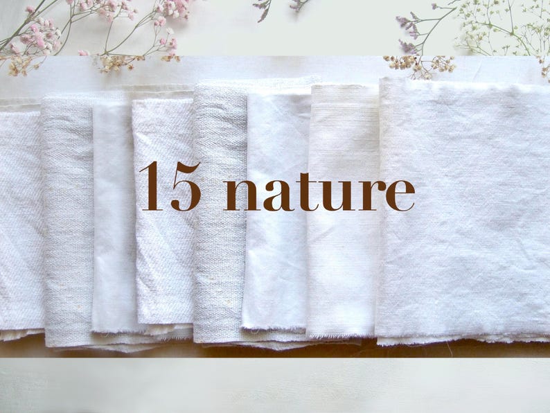 Antique French fabric with different textures, hand dyed with plants. 20x20 cm / 8x8 in linen / hemp / cotton piece for embroidery, slow stitching, craft project DIY textile. 15 nature undyed antique linen