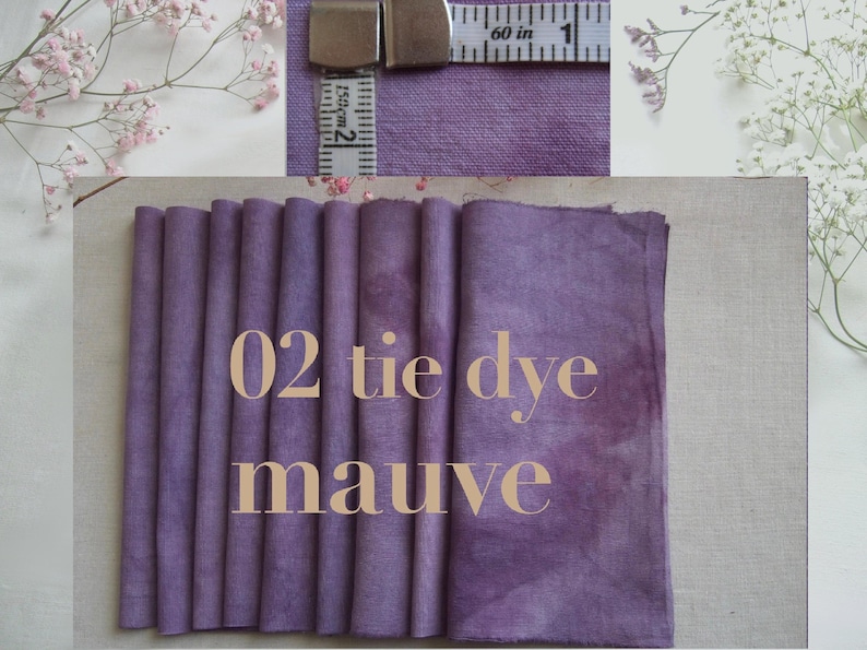 Un morceau de tissu mauve plié avec un motif tie-dye, portant le texte 02 tie dye mauve. Un ruban à mesurer est visible en haut, indiquant la densité du tissu.
Coupon de tissu ancien teint avec des plantes pour réaliser des broderies, patchwork, créations textiles.
Création et fabrication en France de Dyeing2meetu sur Etsy