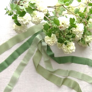 May include: Four green ombre ribbon spools with a bouquet of white flowers in the background.