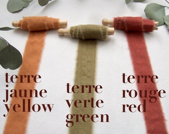 Organic cotton gauze ribbon with raw edge, plant dyed in yellow or green or red, 1m-1.1y or 2m-2.2y X 3cm-1" 1/4 width, vegan eco-conscious