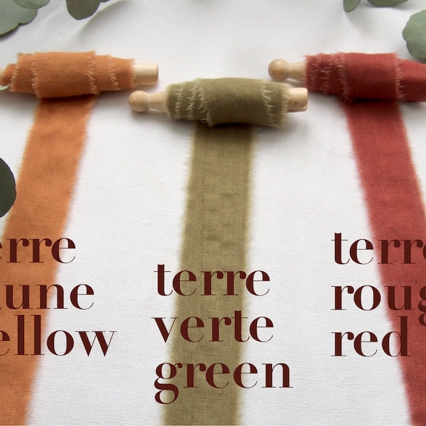 Ruban de gaze de coton biologique en teinture végétale  jaune ou vert ou rouge avec bord brut, 1m ou 2m x 3 cm, vegan eco-conscious