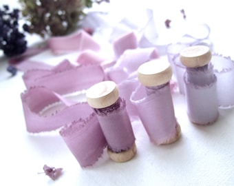 Hand dyed silk ribbon, natural dye lavender, feathered edge, 1.5 or 3y long and 5/8" to 4" wide