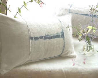 Antique French linen pillow cover, lumbar cushion hand dyed with natural indigo, shibori tie dye, textured boho rustic chic grain sack