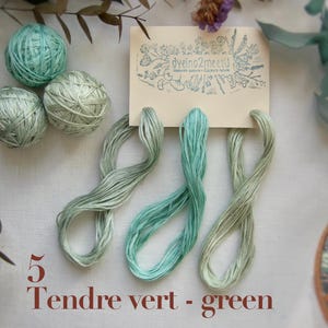Trois échevettes de fil de coton à broder mouliné 6 brins de 8 mètres de long, dans des tons gradués de vert.
Les fils sont présentés sur une carte avec la marque "Dyeing2meetU". Ils sont teints à la main en France. Pour commander il faut sélectionner "5 - Tendre vert - green"