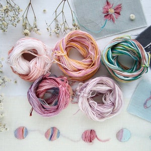Plusieurs échevettes de fil à broder coloré dans des tons de rose, jaune et vert. L'image présente également des échantillons de tissu brodé avec des motifs floraux et abstraits, et le nom "Emma" brodé en cursive.