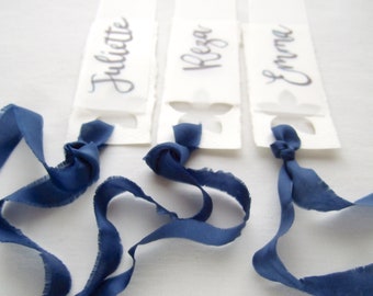 Pack of 5 navy silk ribbons, natural dye blue, 1/2" x  19" / 1.5 cm x 50 cm, for invitation, vows book, menu, ceremony booklet,...