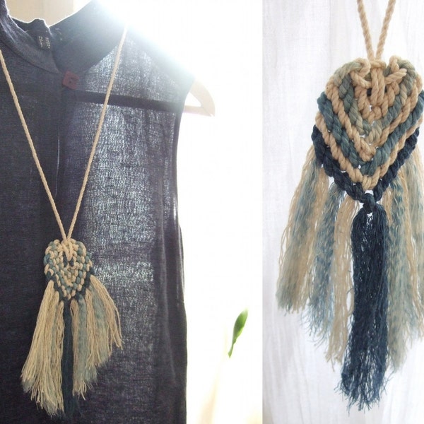 Macrame necklace, organic cotton rope, natural indigo, boho fringe jewelry, chevron tassel necklace, macrame woven