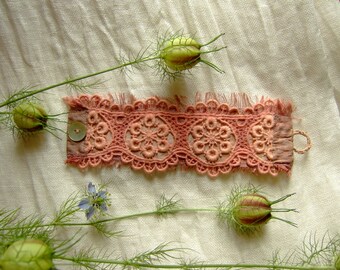 Silk and Vintage Lace Cuff Bracelet Naturally Hand Dyed in Dusty Pink for a Unique Gift of Textile Jewellery