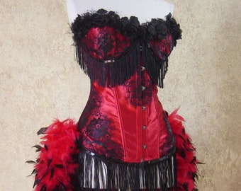 Pick Size-Red/Black Rose Lolita Showgirl Saloon Girl  Burlesque Costume w/Feather Train Day of the Dead