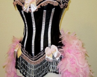 Pick Size-Pink & Black Victorian Lace  Burlesque Carnival Feather Costume