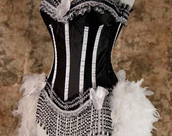 White & Black Victorian Lace Showgirl Saloon Girl Can Can Burlesque Circus Carnival Costume w/Feather Train