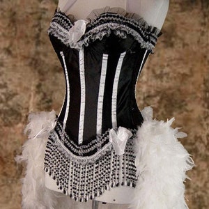 White & Black Victorian Lace Showgirl Saloon Girl Can Can Burlesque Circus Carnival Costume w/Feather Train