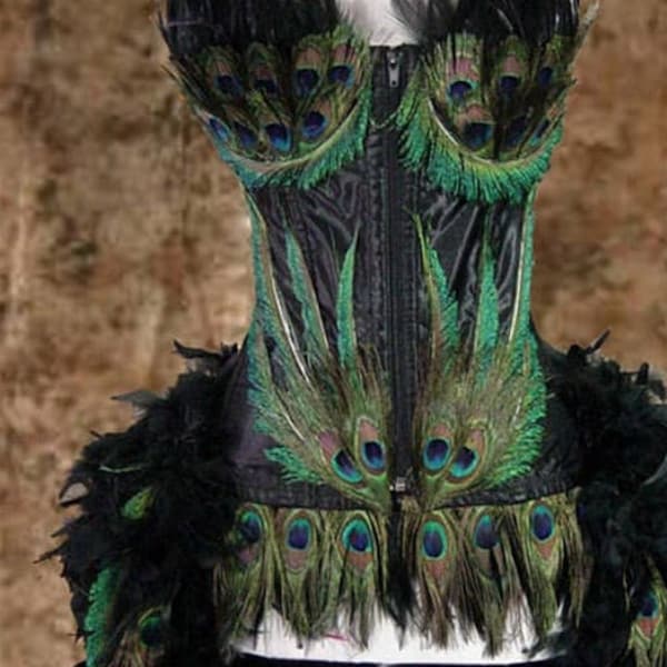 Black Custom Peacock Showgirl Saloon Girl  Burlesque Costume w/Feather Train
