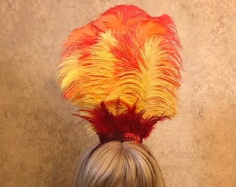 Feuer Phoenix Pailletten & 9 Feder Strauß Feder Flamme Kopfschmuck Stirnband Haar Accessoire Showgirl Burlesque Vogel Kostüm