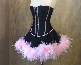 Pick Size-Saloon Girl Can Can Miss Kitty Costume w/ Halter Corset & Feather Trim Skirt