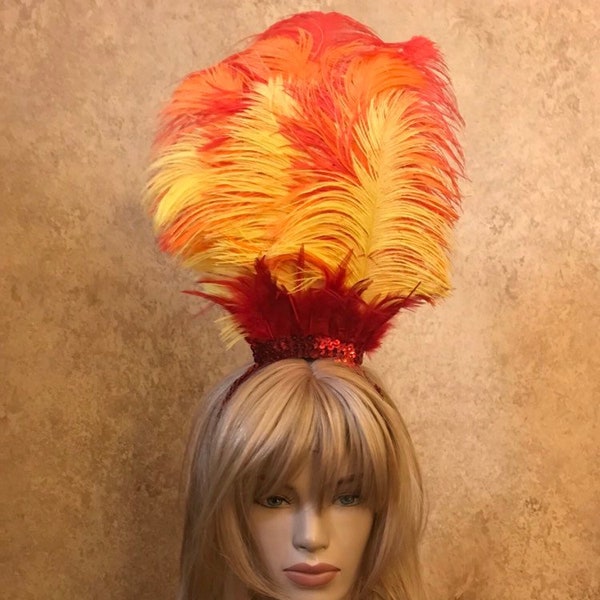 Fire Phoenix Sequin & 9 Plume Ostrich Feather Flame Headdress Headband Hair Accessory Saloon Showgirl Burlesque Bird Costume