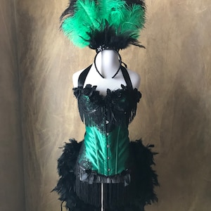 Emerald Green/Black Lace Lolita Showgirl Saloon Girl  Burlesque Costume w/Feather Train Day