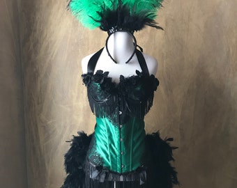 Emerald Green/Black Lace Lolita Showgirl Saloon Girl  Burlesque Costume w/Feather Train Day