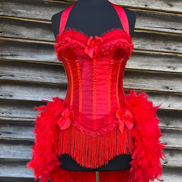 Maat L of XL: rood Victoriaans kant burlesque carnaval circuskostuum veer