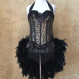Pick Size-Black Leopard Print Victorian Lace Burlesque Cabaret Pin Up Circus Carnival Costume Feather