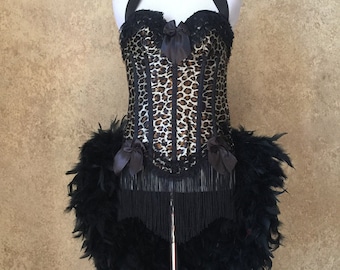 Pick Size-Black Leopard Print Victorian Lace Burlesque Cabaret Pin Up Circus Carnival Costume Feather