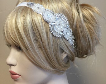 Faux Pearl and Crystal Stretch Headband Fascinator Hair Accessory White Bridal Wedding