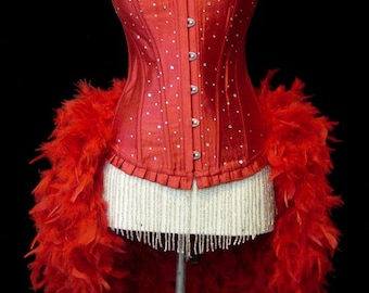 Pick Size-Red Scattered Crystal Pin Up Showgirl Saloon Girl Can Can  Burlesque Costume w/Feather Train