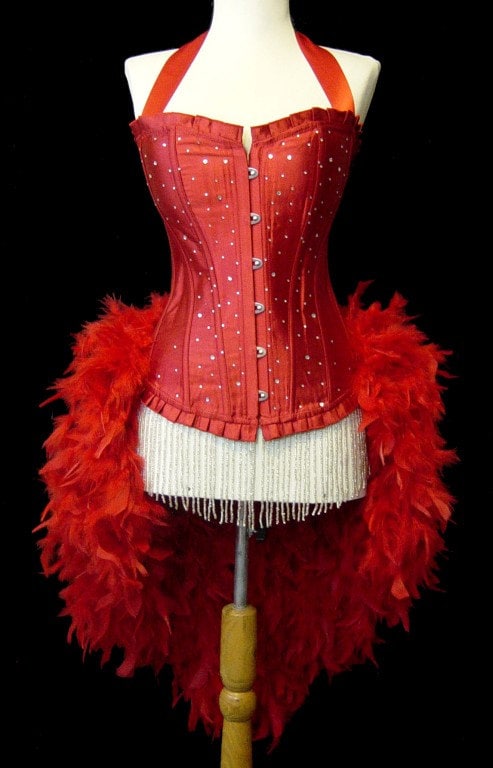 Pick Size-Red Scattered Crystal Pin Up Showgirl Saloon Girl Can Can  Burlesque Costume w/Feather Train