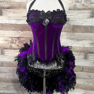 Ready Now-Purple/Black Velvet and Lace Burlesque Cabaret Pin Up Circus Carnival Costume Feather