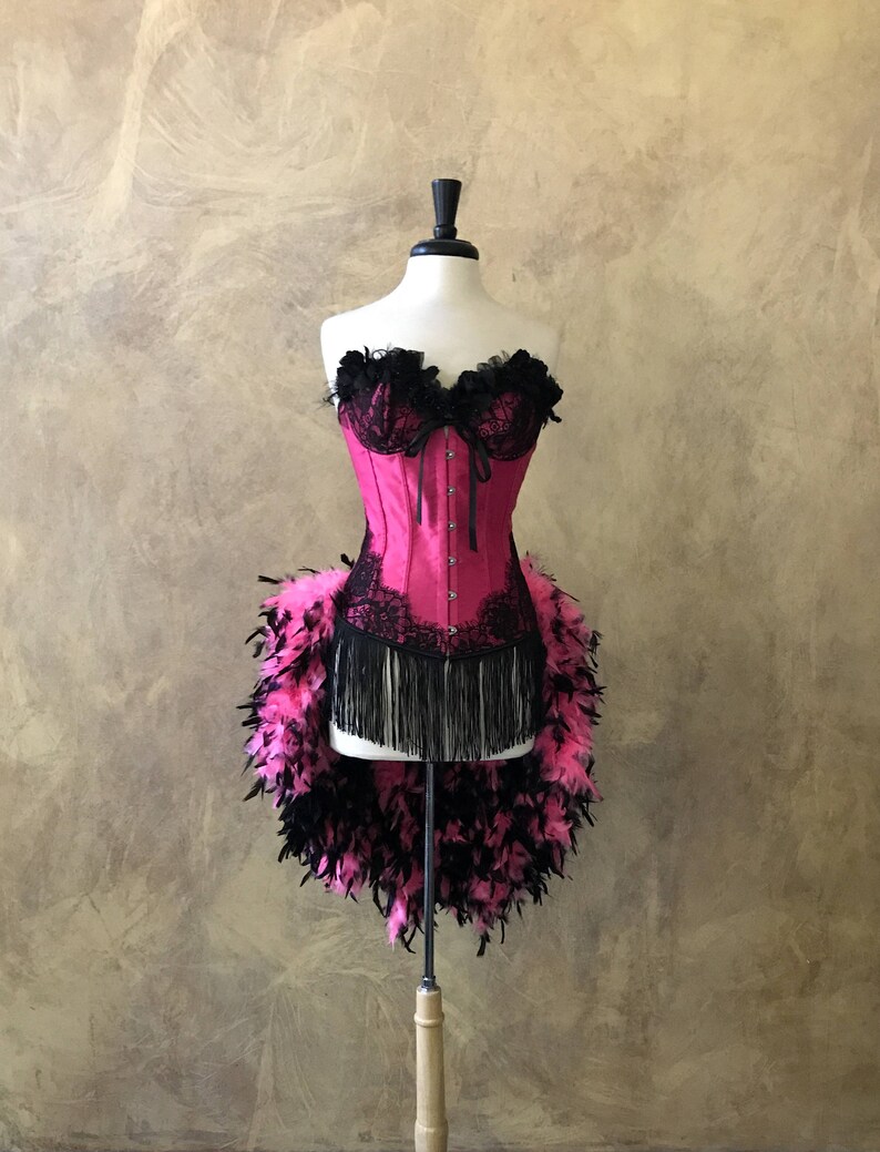 Pick Size-SALE-Hot PinkBlack Rose Lolita Showgirl Saloon Girl Moulin Burlesque Costume wFeather Train Day of the Dead