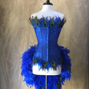 Pick Size-Royal Blue Peacock Eye Feather Brocade Showgirl Saloon Girl  Burlesque Mardi Gras Costume w/Feather Train