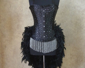 Pick Size-Black Scattered Crystal Pin Up Showgirl Saloon Girl Can Can  Burlesque Costume w/Feather Train