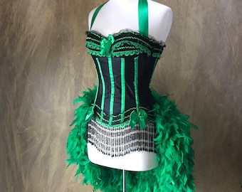 Pick Size-Green & Black Victorian Lace  Burlesque Carnival Feather Costume