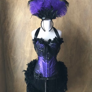 Pick Size-Purple Satin Black Lace  Lolita Showgirl Saloon Girl  Burlesque Costume w/Feather Train Day of the Dead