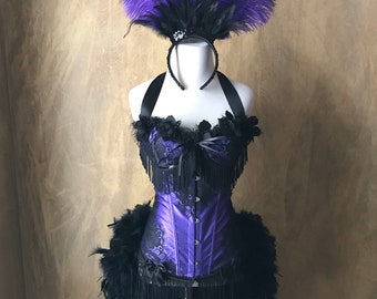 Pick Size-Purple Satin Black Lace  Lolita Showgirl Saloon Girl  Burlesque Costume w/Feather Train Day of the Dead