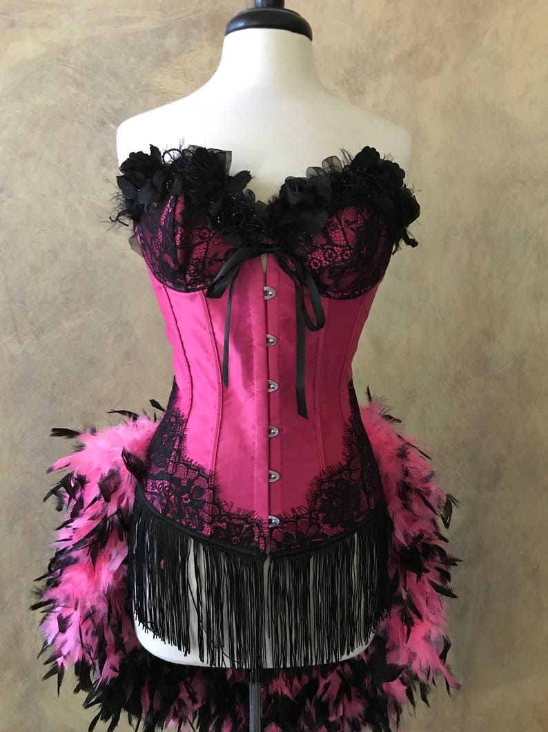 Pick Size-SALE-Hot PinkBlack Rose Lolita Showgirl Saloon Girl Moulin Burlesque Costume wFeather Train Day of the Dead