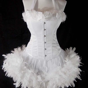 Pick Size-White Rose Saloon Girl Can Can Pin Up Carnival Costume w/ Halter Corset & Feather Trim Skirt