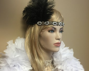 Nach Maß Schwarz Weiß Strauß Feder Flapper Kostüm Kopfschmuck Stirnband Strass Perlen Hochzeit