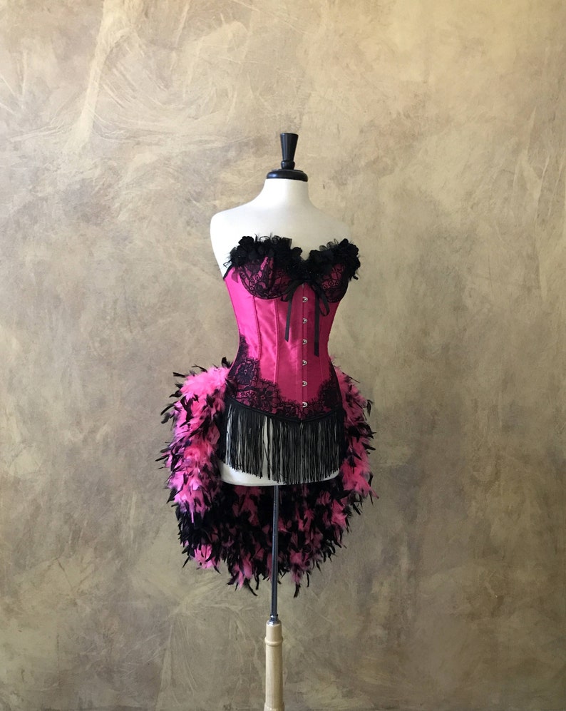 Pick Size-SALE-Hot PinkBlack Rose Lolita Showgirl Saloon Girl Moulin Burlesque Costume wFeather Train Day of the Dead