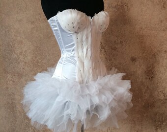 Pick Size-White Swan Crystal Feather Costume w/Layered Tulle Tutu Skirt Burlesque Theater