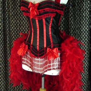 Red and Black Victorian Lace Burlesque Costume Red Feathers